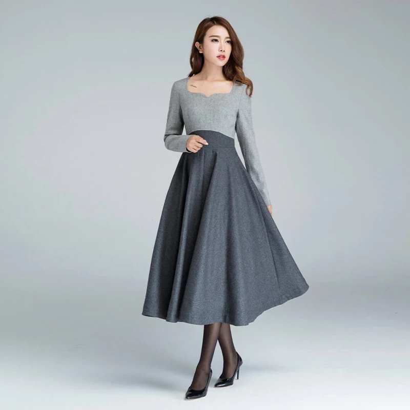 

Grey Fit and Flare wool dress, womensdresses, Wirter dress Vintage, midi dress, designerdress, patchwork dress