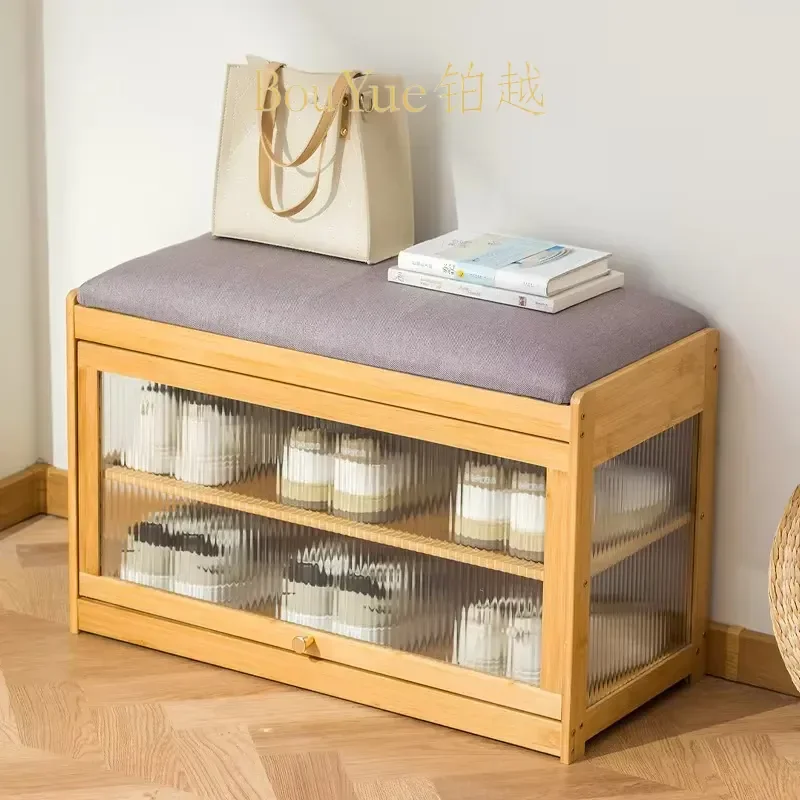 Bamboo Shoe Bench Entryway Storage Cabinet Multi Layer Rack with Cushioned Seat Hallway Organizer Furniture for Home