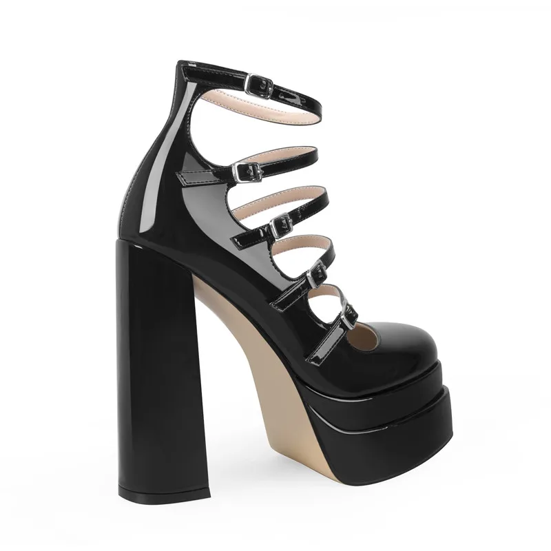 Onlymaker Women Buckle Strap Platform Pumps Black Patent Leather Cross-tied Square Toe Fashion Party Thick High Summer Heels