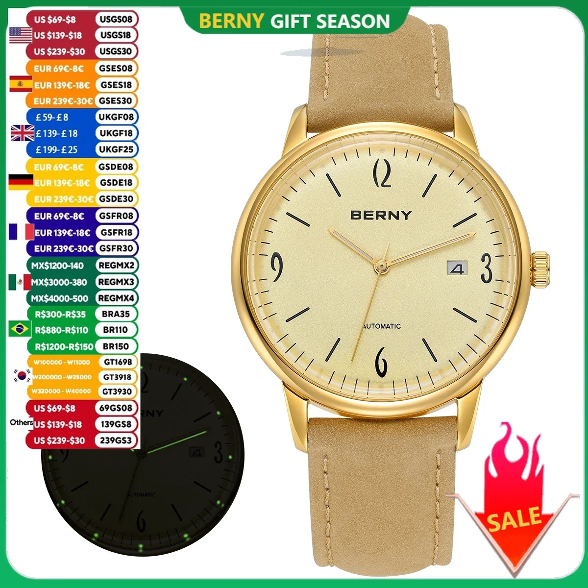 BERNY-Relógio automático mecânico clássico masculino, pulseira de couro macia, fino, luxo, marca de topo, 5ATM, 9015 Relógio de pulso masculino