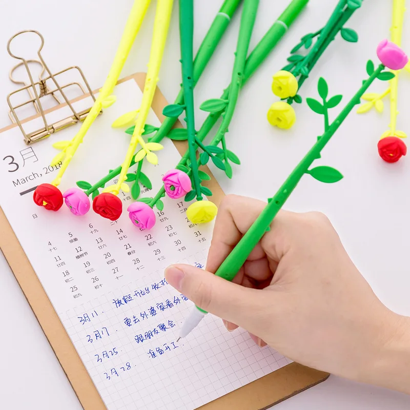 30pcs Rose Flower Gel Pen Wholesale Creative Simulation Soft Rubber Plant Flower Pens Students Black 0.5 Pen Learning Stationery