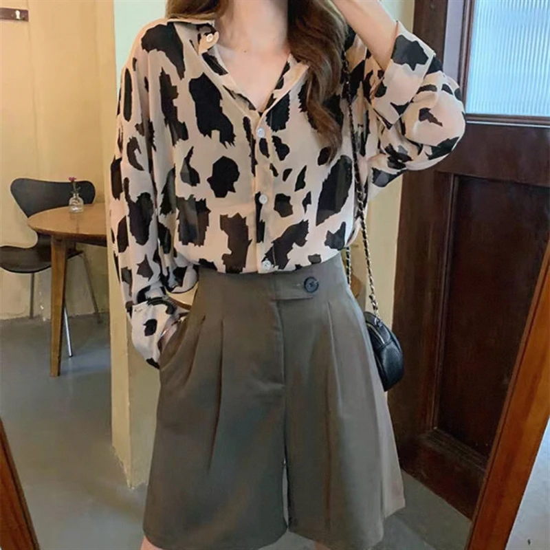 

Shirts Women Casual Korean Fashion Leopard Chiffon All-match Streetwear Comfortable Daily Students Popular Trendy Ins Summer