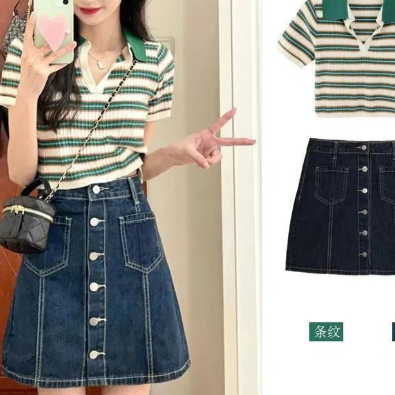 Coordinates Female Preppy Hottie Striped Knitted Short Sleeve Shirt Design Sense Women Denim Skirtsoffice Lady All-match