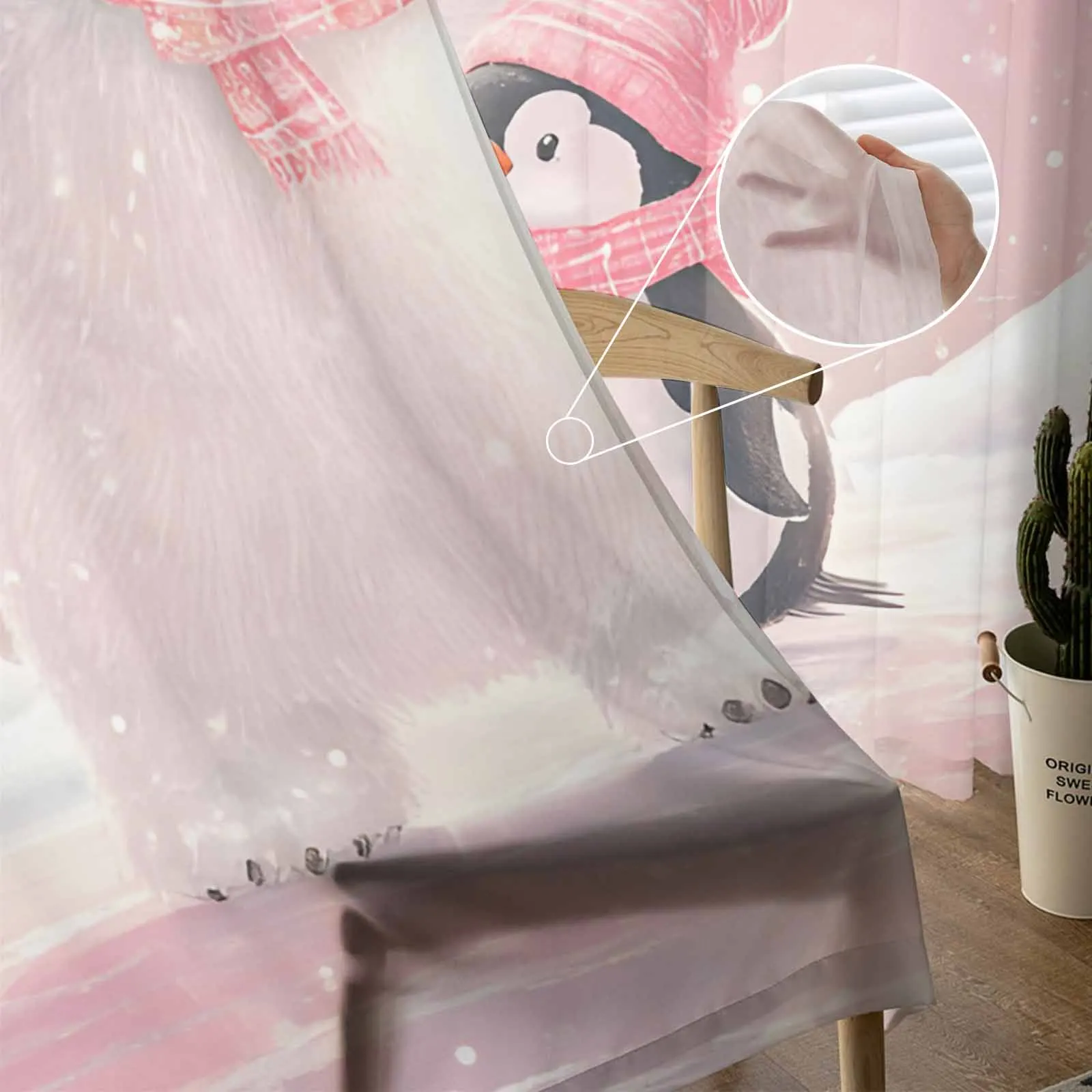 Christmas Pink White Bear Penguin Sheer Curtains for Living Room Decoration Window Curtains Kitchen Tulle Voile Curtains