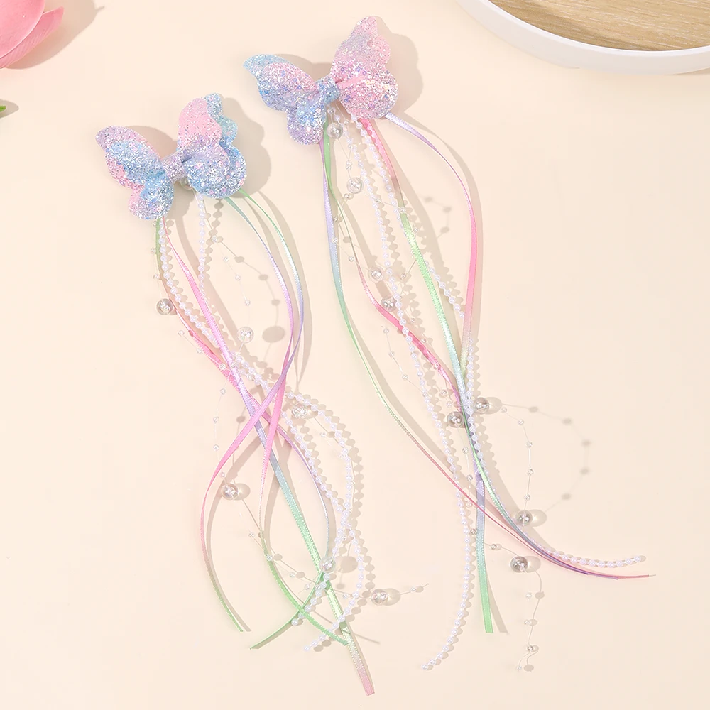 Pinces à cheveux avec nœud papillon à paillettes, 2 pièces, papillon arc-en-ciel avec de longues perles, glands, accessoires pour cheveux de princesse Barrtte, cadeaux