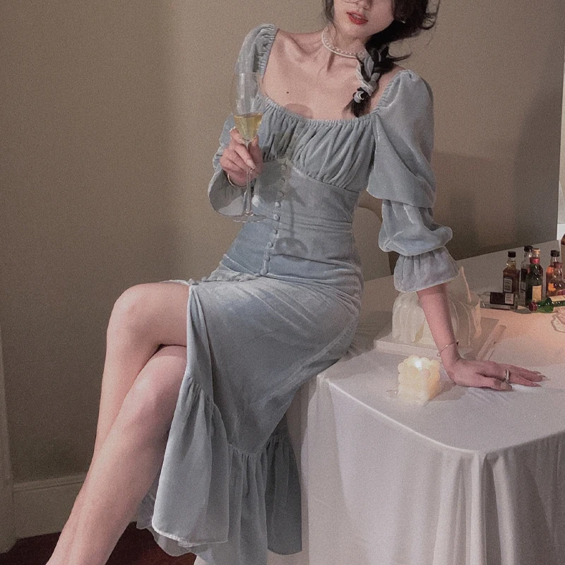 Elegant Velvet Long Dress Women Sexy Split Design Evening Party Dress Spring Korean Vintage Gothic Y2K Bodycon One Piece Dress