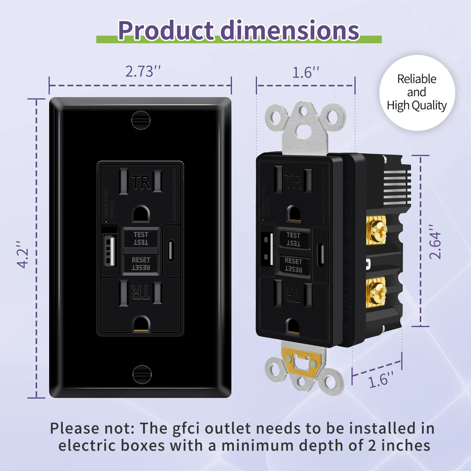 15Amp GFCI Outlet with USB C&A, Self-Test TR ETL Listed Black | Tamper-Resistant GFCI Receptacle with 24W USB-C & USB-A Charging Decorator Wall Outlet for Kitchen Bathroom Garage Laundry