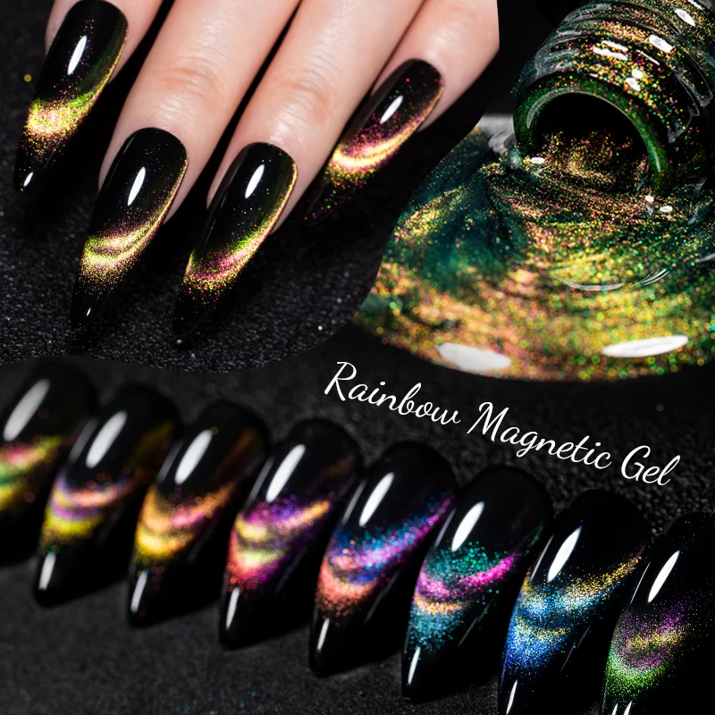 يجتمع عبر 7 مللي قوس قزح القط المغناطيسي هلام مسمار البولندية بريق الألوان فتحة المغناطيسي UV هلام LED مسمار الفن الورنيش مانيكير