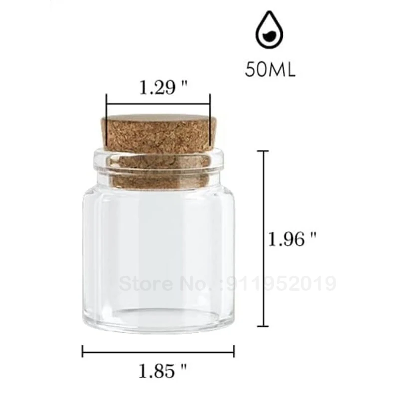 코르크가 있는 소형 투명 미니 빈 유리병 병, 50ml 용량, 50ml-47x50x33mm, 12 개/로트