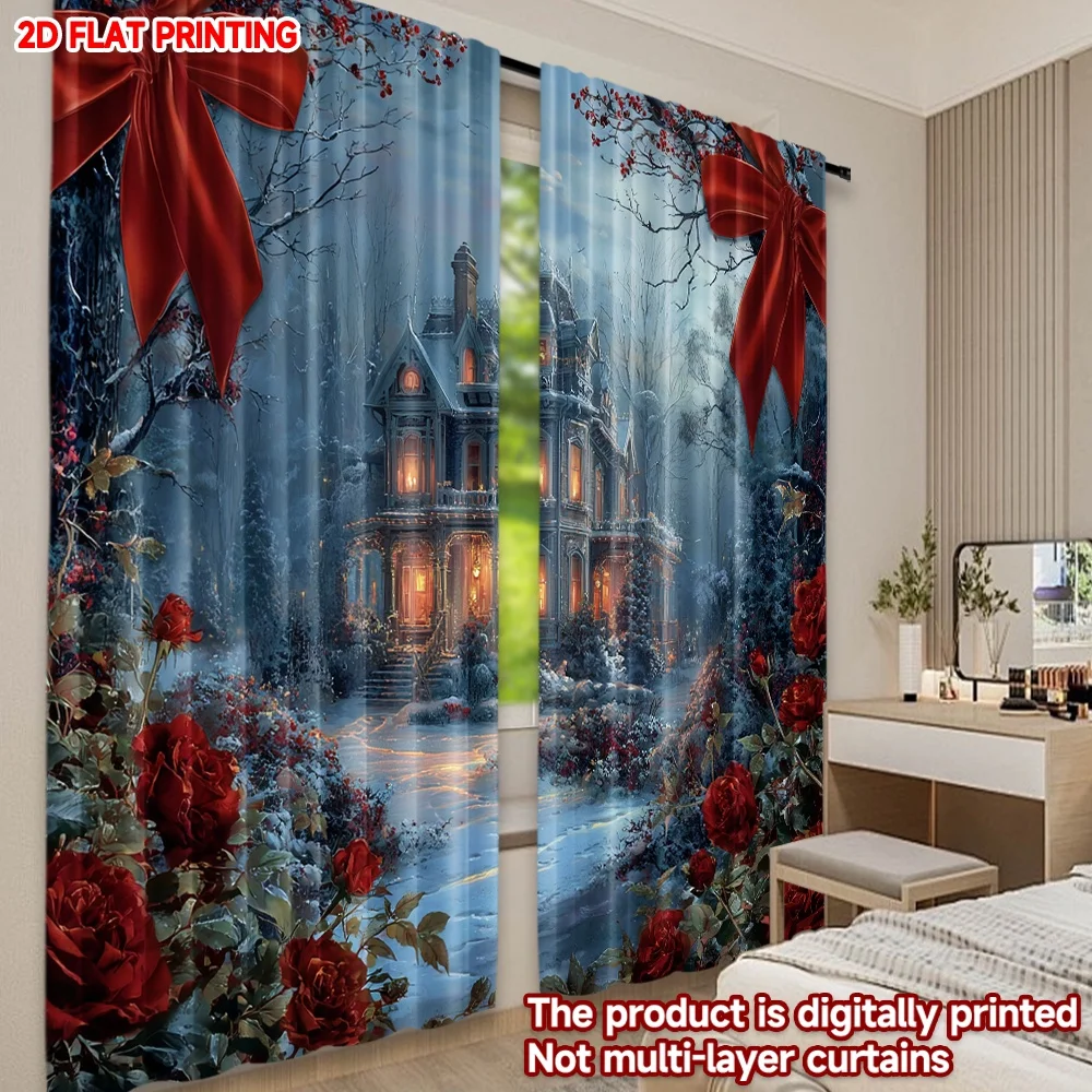 2D الطباعة المسطحة 2PCS عيد الميلاد المشهد الستائر الشتاء ليلة القلعة روز حلم الطباعة الرقمية المطبوعة البوليستر الستائر عيد ميلاد