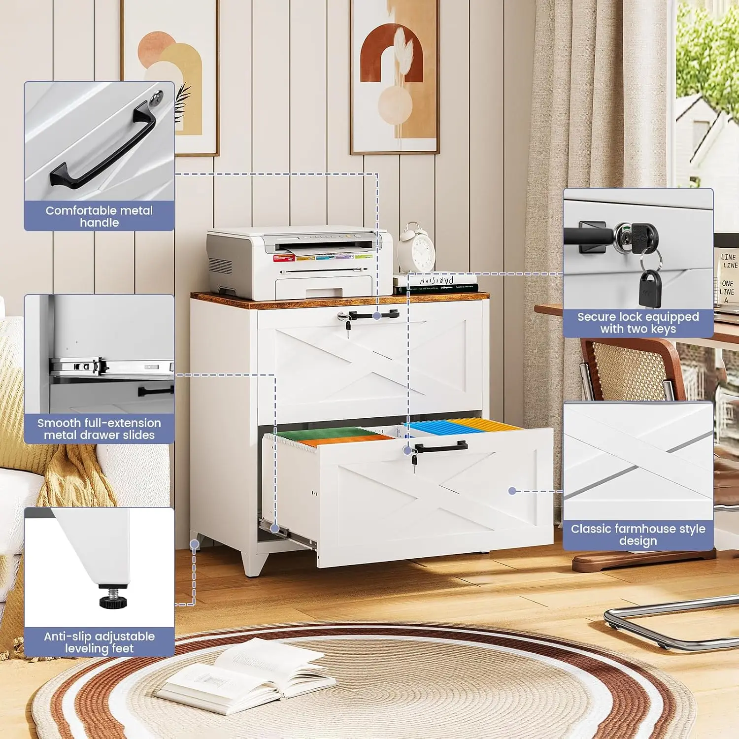 2-Drawer Farmhouse Lateral File Cabinet with Lock for Letter/Legal/A4, Wood Storage Printer Stand for Home Office, Customized