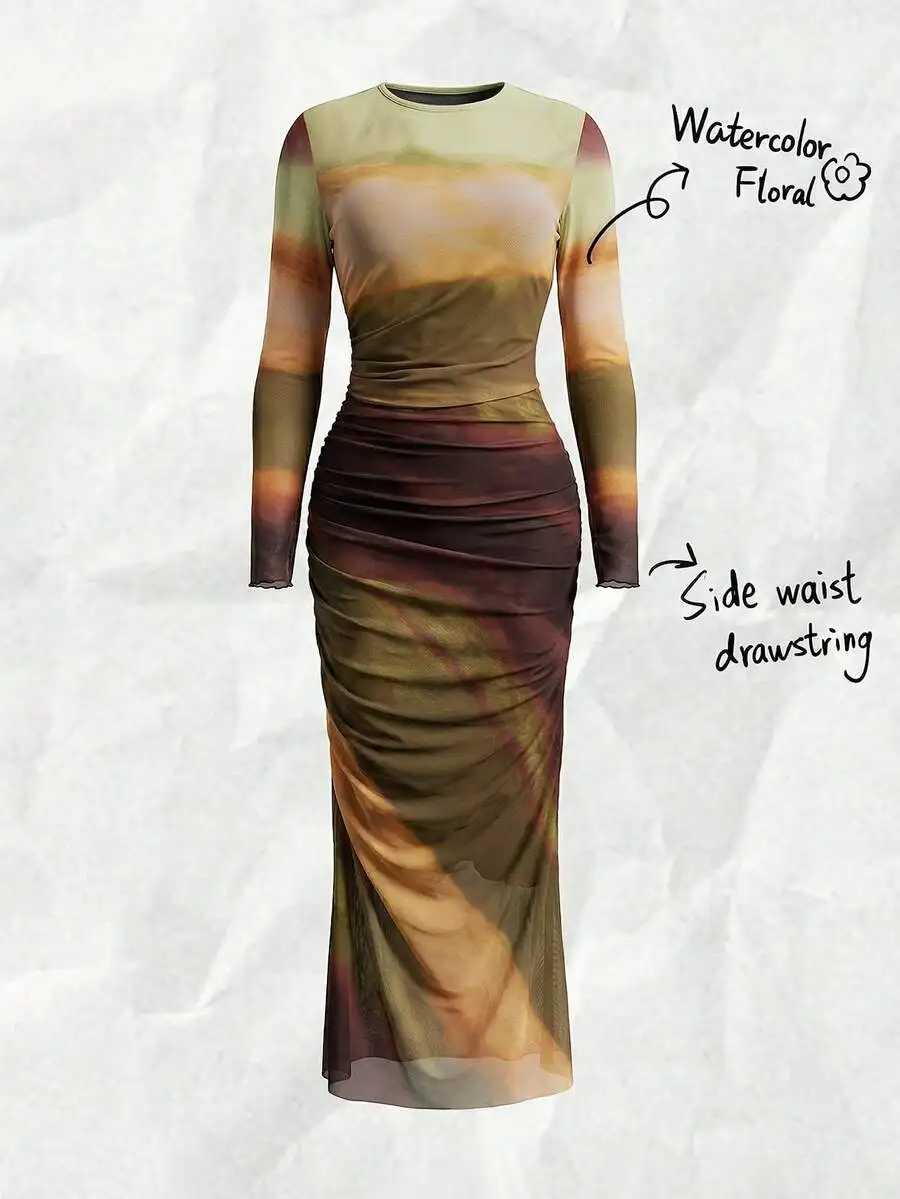 

Watercolor Floral Pleated Mesh Maxi Dress With Side Waist Drawstring For Women