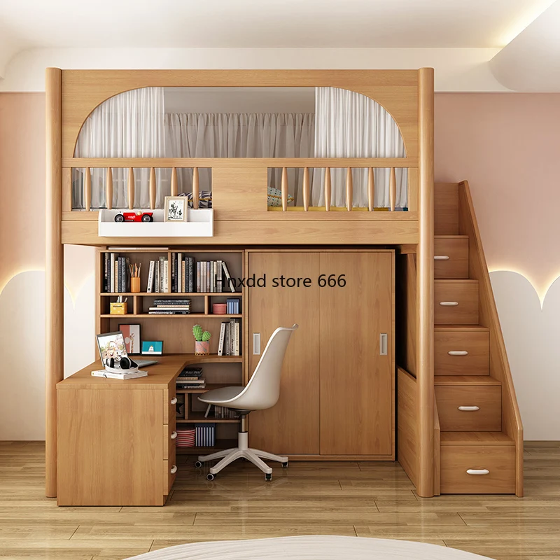 Children\'s desk integrated high and low bed with wardrobe small apartment