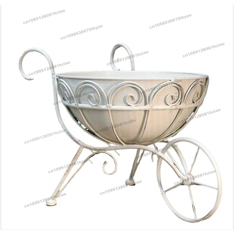 Flower Pot Outdoor Wrought Iron Courtyard, Trolley Decorative Garden, Outdoor Terrace Balcony Flower Stand Creative Installation