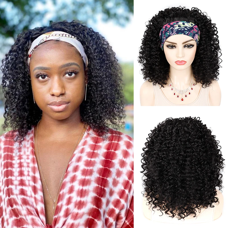 Afro Curly Headband Wig 18 Inch Kinky Curly Head Band Wigs for Women Black Synthetic Heat Resistant Curly Wig with Scarf Cosplay