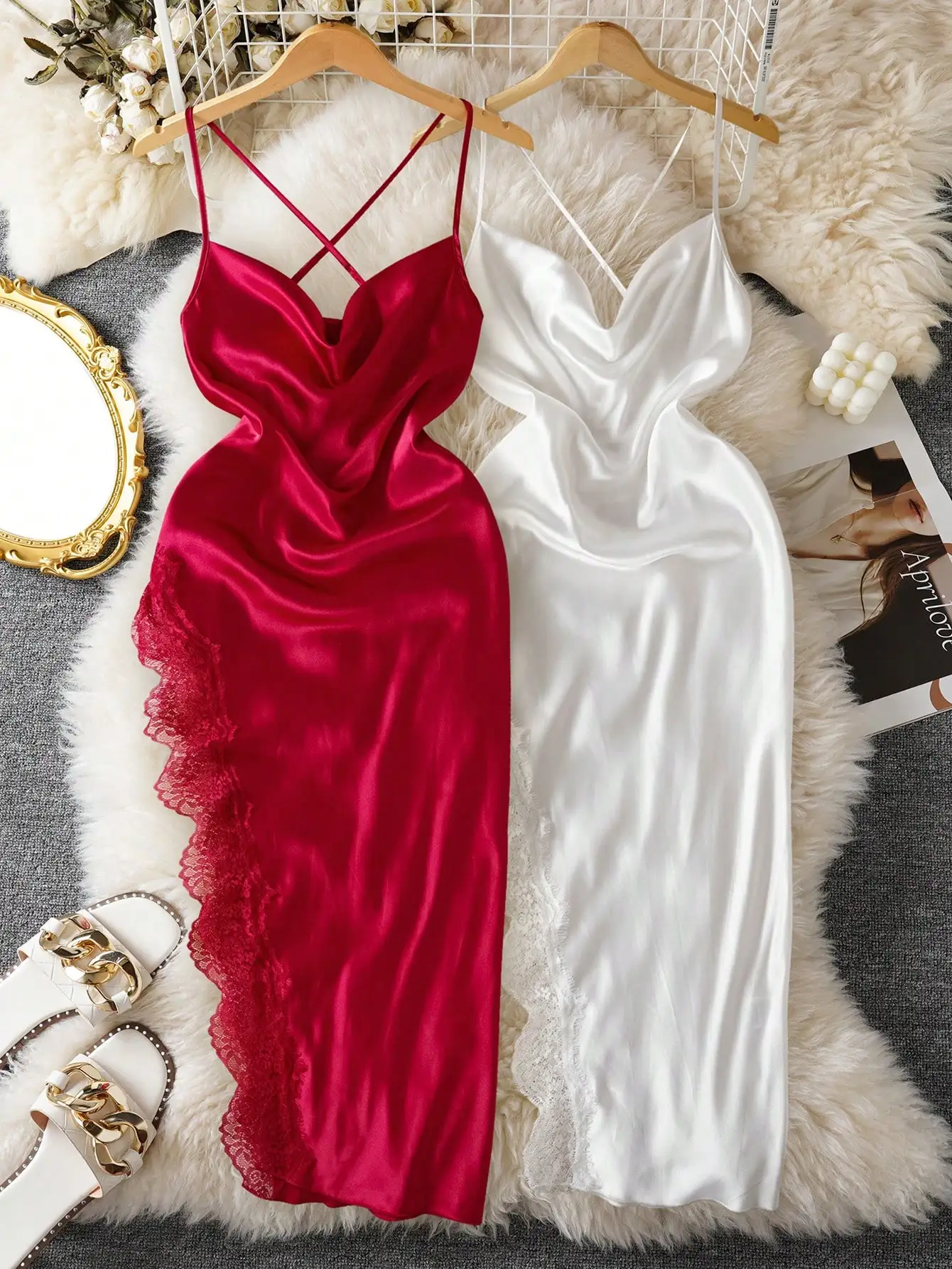 

Комплект из 2 женских атласных сорочек с кружевной отделкой, сексуальная ночная сорочка с V-образным вырезом