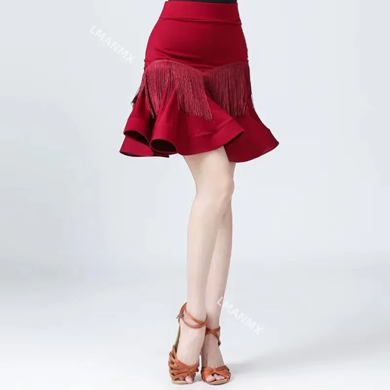 

Women Latin Dance Skirts Ballroom Rumba Samba Tassels Dancewear Adult Training Stage Performance Fishbone Skirt Costumes