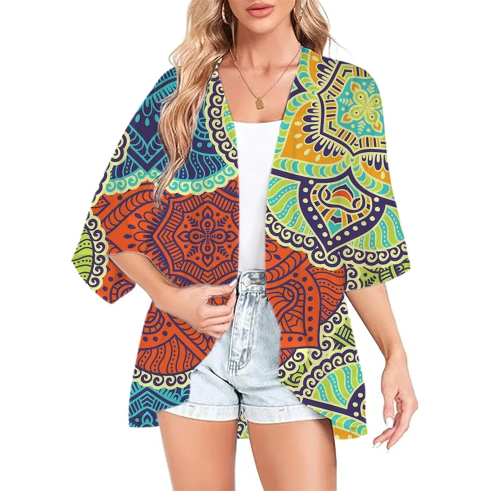 Summer Blouse Chiffon Jacket Fashion Street Breathable Short Sleeve Swimwear Printed Graffiti Hawaiian Bohemian Chiffon Top