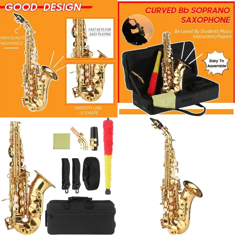 

Bb Soprano Saxope Gold Lacquer Brass Sax with Instrument Case Mouthpiece k Strap Cleaning Cloth Brush or Musicians Beginners