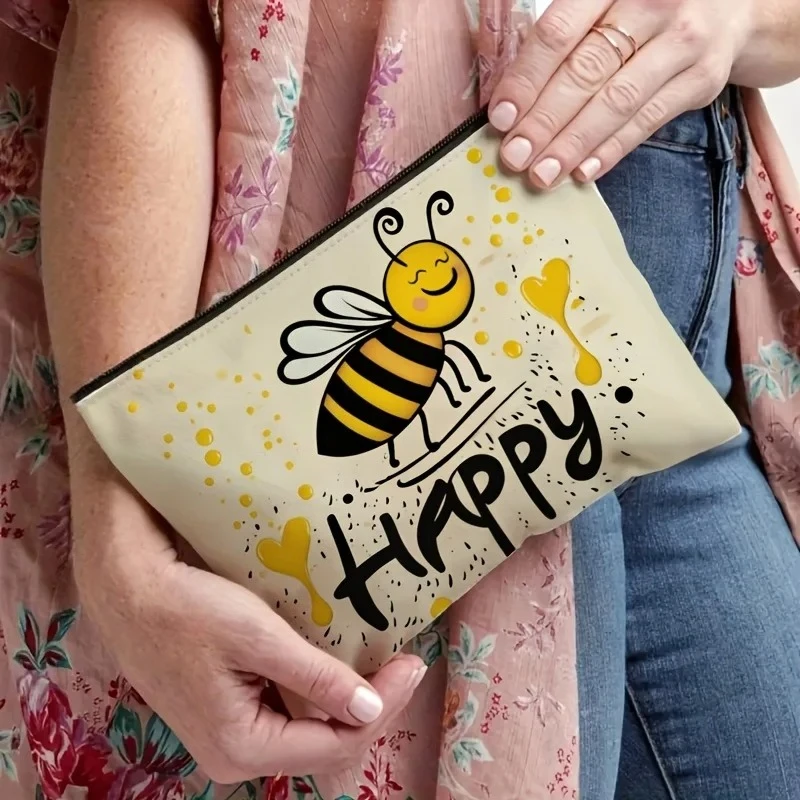 A Cute Bee Printed Cosmetic Bag - Multifunctional Zipper Pouch, Jewelry Storage Bag, Perfect Travel Zipper Small Storage Bag.