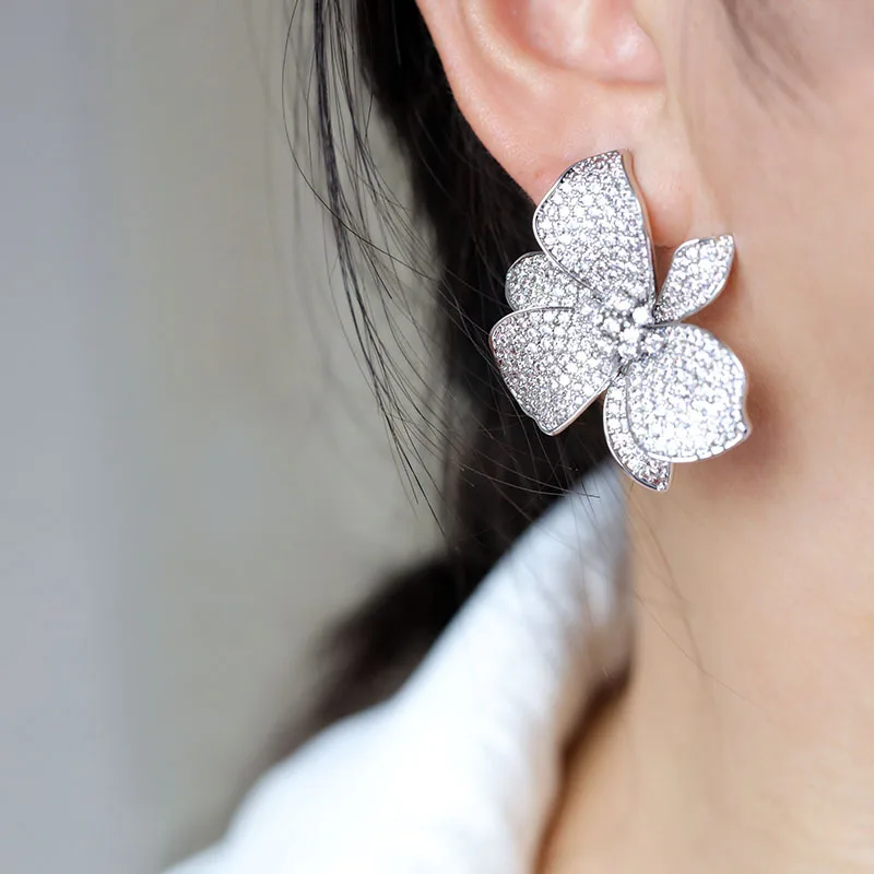 Exaggerate Personality Flower Earring S925 Silver Needle Fashion Large Luxury Zircon Stud Earrings for Women Wedding Accessories