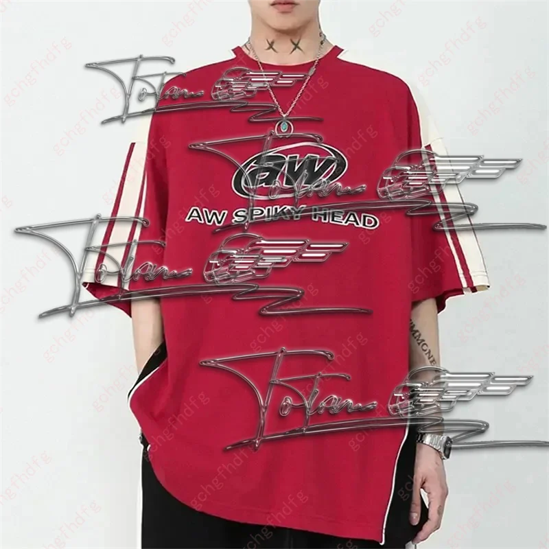 

Summer American retro minority sports contrast stitching bar racing wind short sleeve loose Joker T-shirt