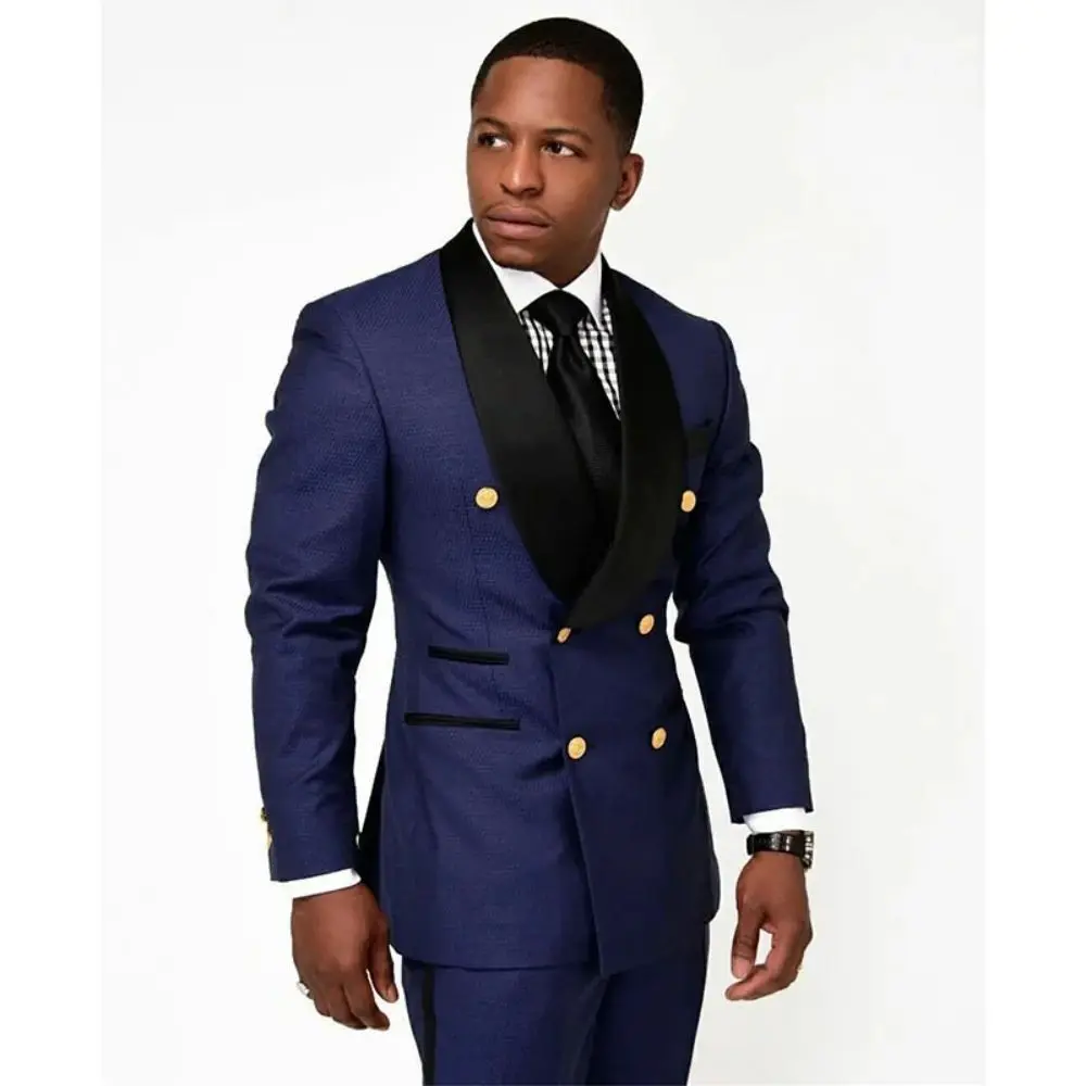 

New Design Navy Blue Male Suit Shawl Lapel Double Breasted Slim Fit Best Man Groom 2 Pieces Wedding Party Suits Custome Homme