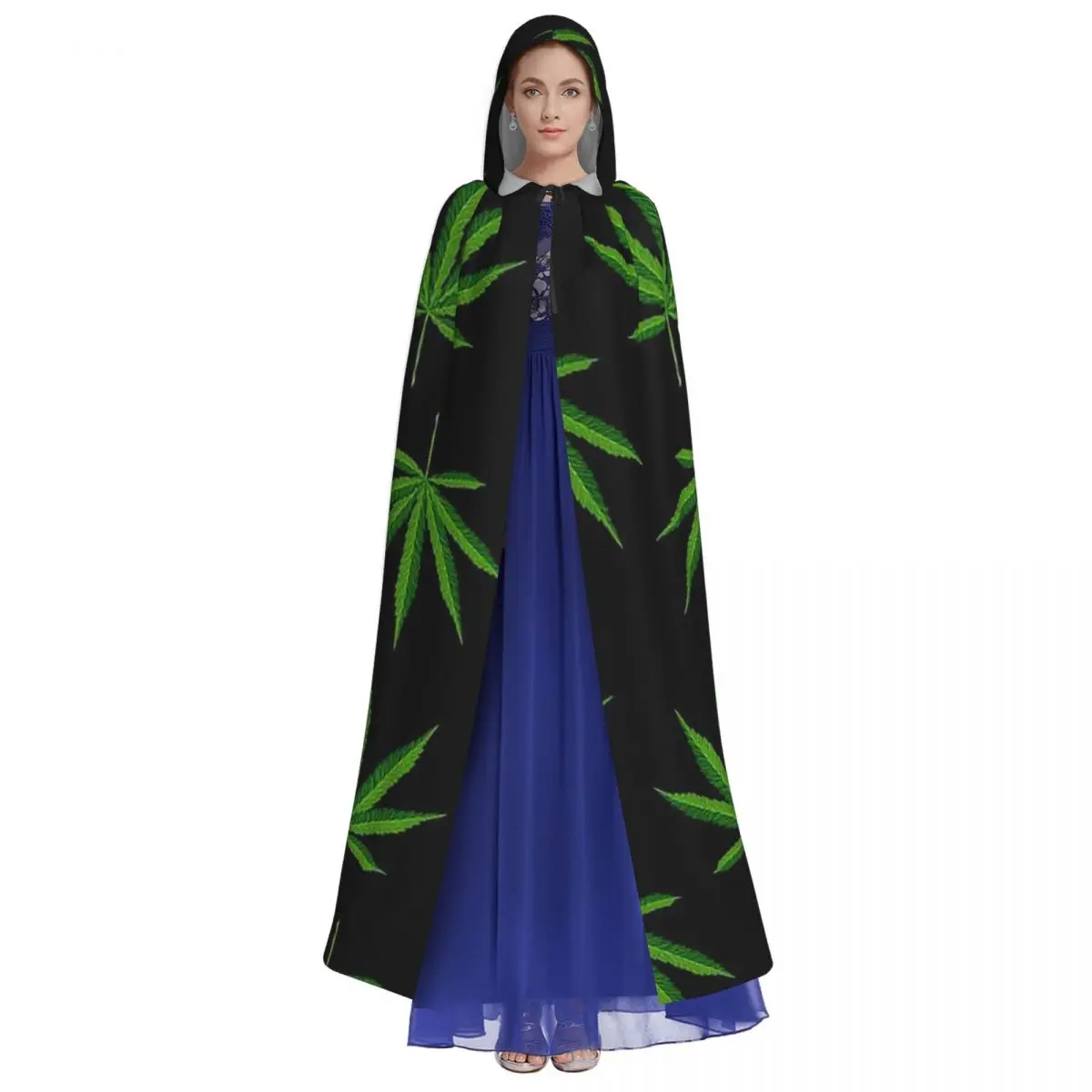 Green Fresh Cannabis Sativa Leaves Long Hooded Cloak Witch Medieval Costume Cosplay Cape HalloweenCoat Adult Unisex - view 4