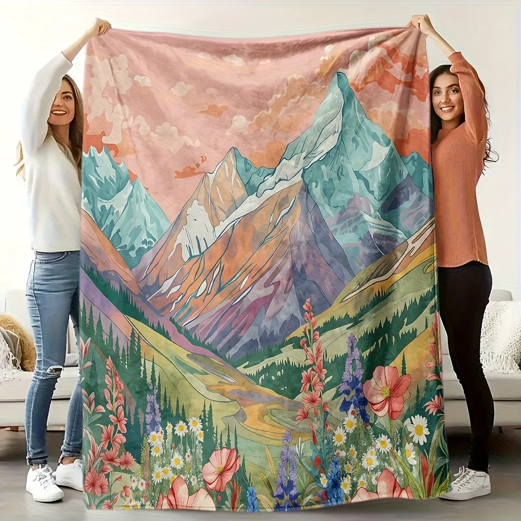 Comfortable Mountain and Flowers Theme Fleece Blanket | Soft High-Definition Digital Print, Cooling, All-Season,  Polyester