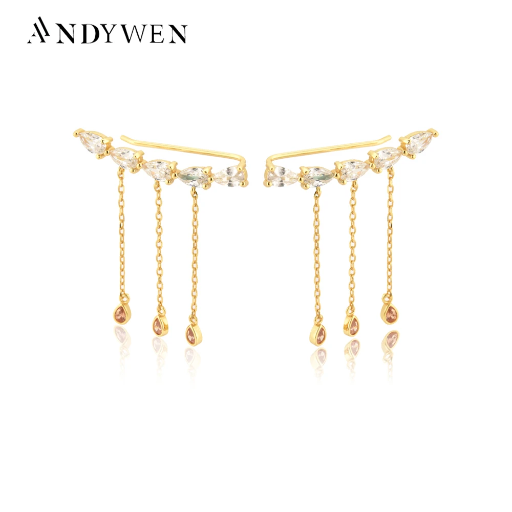 

ANDYWEN 925 Sterling Silver Clear Zircon Ovals Champagne Climber Drop Earring Chains Women Fashion Luxury Women Pendiente