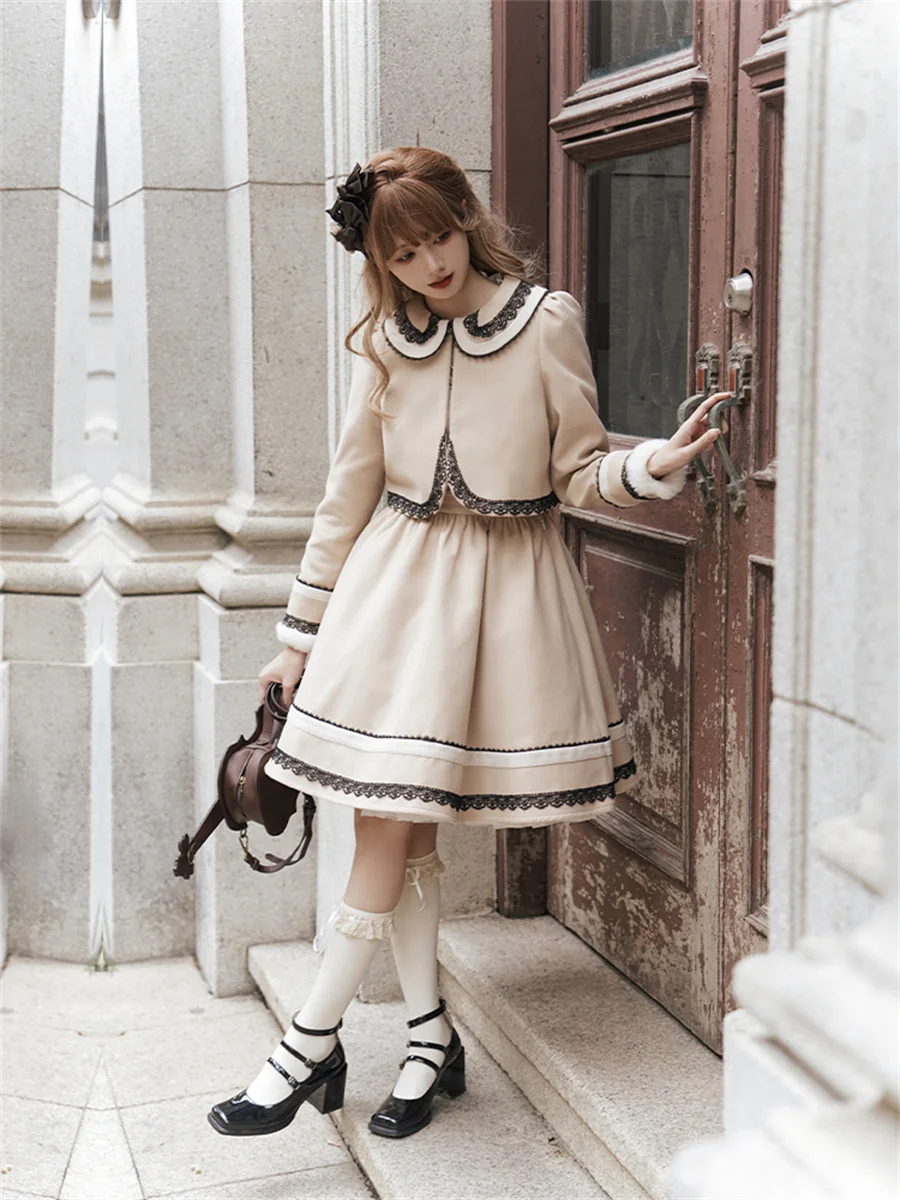 Uniforme de Cosplay Lolita de Style Collège Français pour Fille Douce, Vêtement d'Université, Solide, Élégant, avec Nministériels d Papillon, à Volants en Dentelle, Chaud, d'Hiver