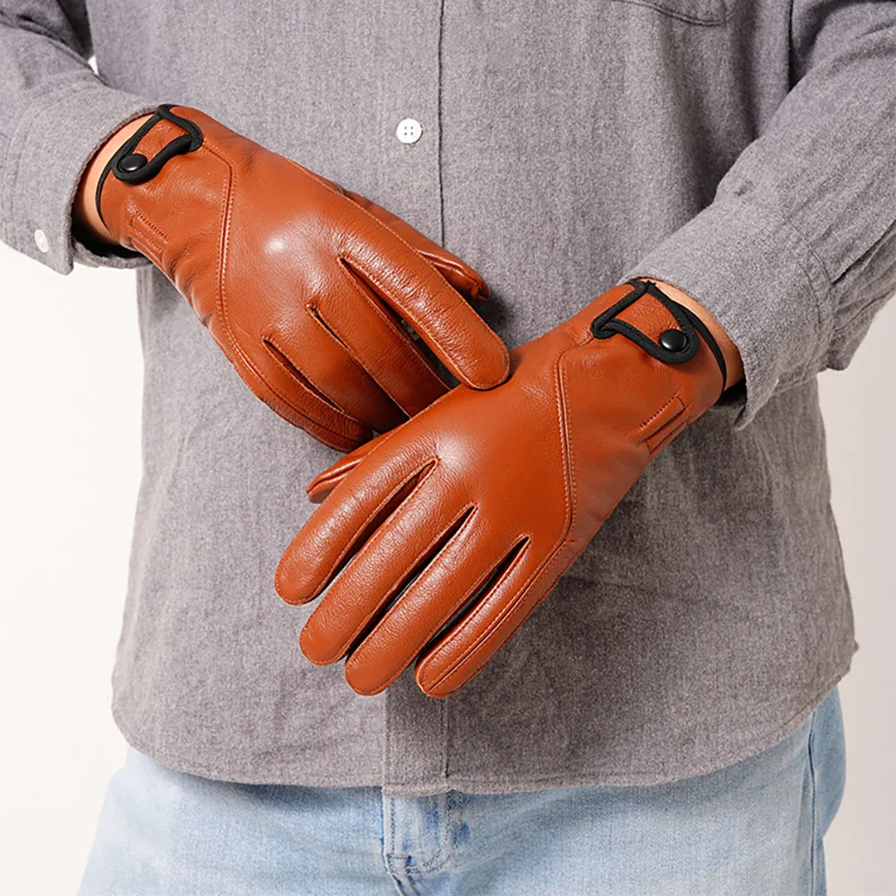 Men Cowhide Genuine Leather Gloves Fleece Lined Top Layer Cowhide Touch Screen Motorcycle Riding Gloves
