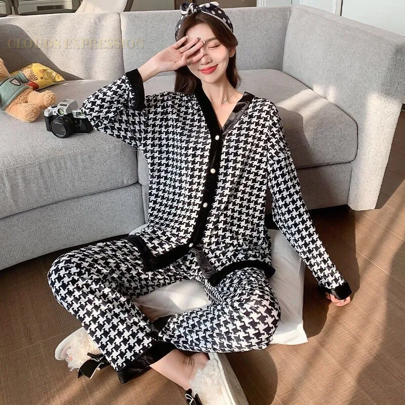 Spring Summer Ladies Faux Silk Polyester Pajama Sets Sexy Women\'s Homewear Casual Luxury Pajamas Plaid Pajamas Female Sleepwear