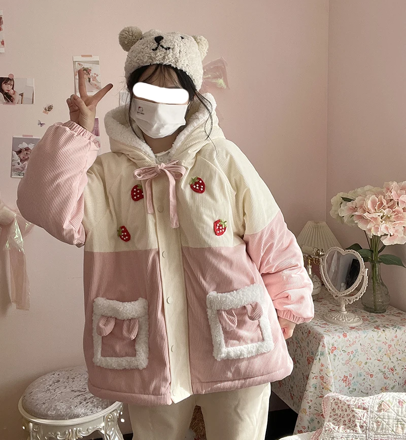 Japanese Women\'s Winter Jacket Kawaii Strawberry Rabbit Pink Blue Corduroy Coat Padded Cotton Fleece Fluffy Jacket  2023 Parka