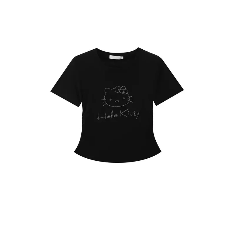 Sanrio Cartoon Hello Kitty Slim Tees Clothes Women Diamonds Black Fashion Crop Tops Y2k Korean Style Spicy Girls Short T-shirts