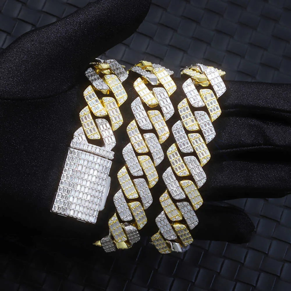 Custom Luxury 19mm Width Baguette Cuban Chain 925 Solid Silver Gra Moissanite Diamond Link Mens Hip Hop Necklace.