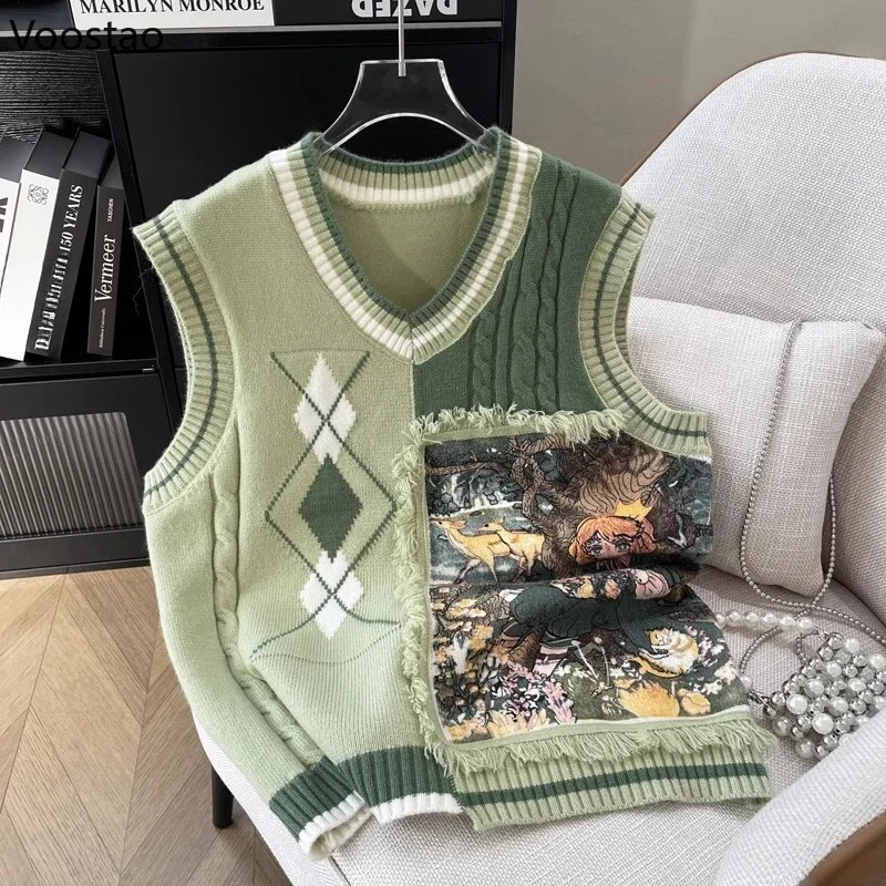 

Autumn Preppy Style Sweet Lolita Sweater Vest Women Harajuku Y2k V-Neck Cartoon Print Loose Knitted Pullover Female Knitwear Top