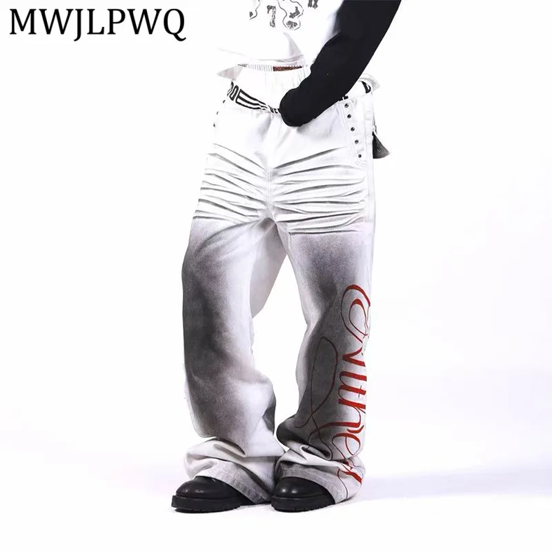

Мужские джинсы MWJLPWQ с эффектом потертости, плиссированные, с градиентом, двойным поясом, свободного кроя, широкие, в стиле High Street, с эффектом стирки, модель 14619