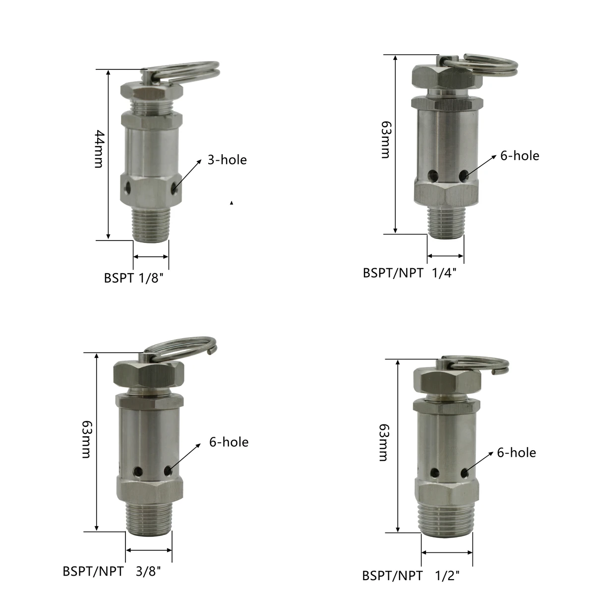 Sanitary Mini Spring Safety Valve 304 Stainless Steel 1/8'1/4' -1/2' BSPT NPT Male Thread 1-10 Bar Exhaust for Air Compressors