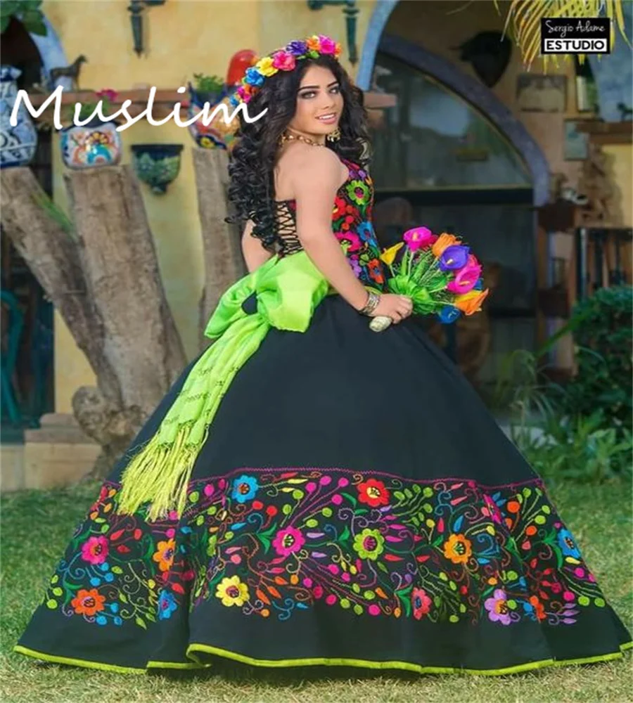 Charro Black Mexican Quinceanera Dress Colorful Emboridery Flowers Gothic Wedding Gowns With Green Knotbow Lace Up Customized