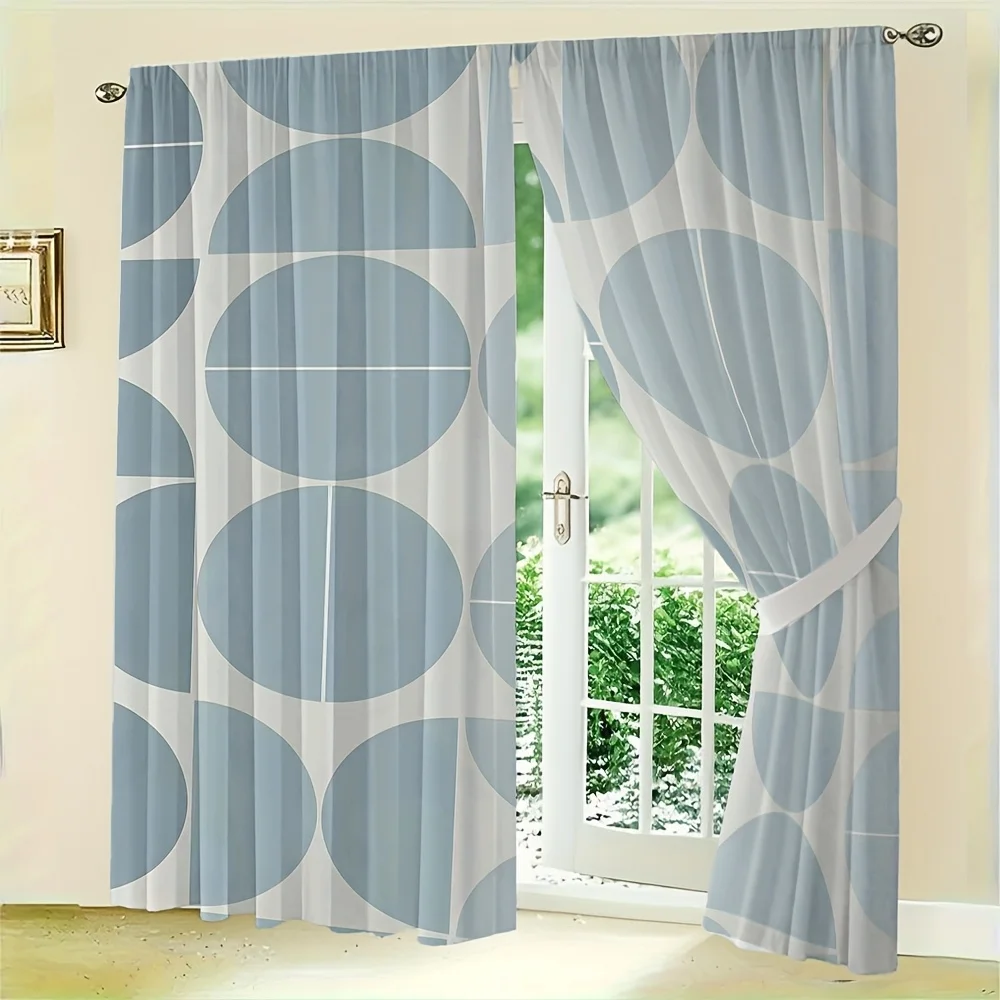 2pcs Mid-Century Geometric Curtains No Rod — Light Blue & Cream Circle Pattern, Sheer Polyester for Living Room, Bedroom, Door