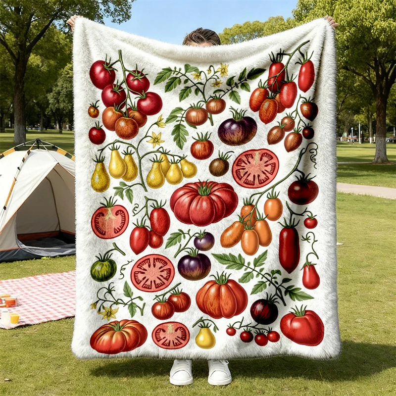 Tomato Garden Comfort Comfy Blanket, Vintage Vegetable Graphic Flannel Blanket, Heirloom Tomato Flannel Throw Cozy Blank