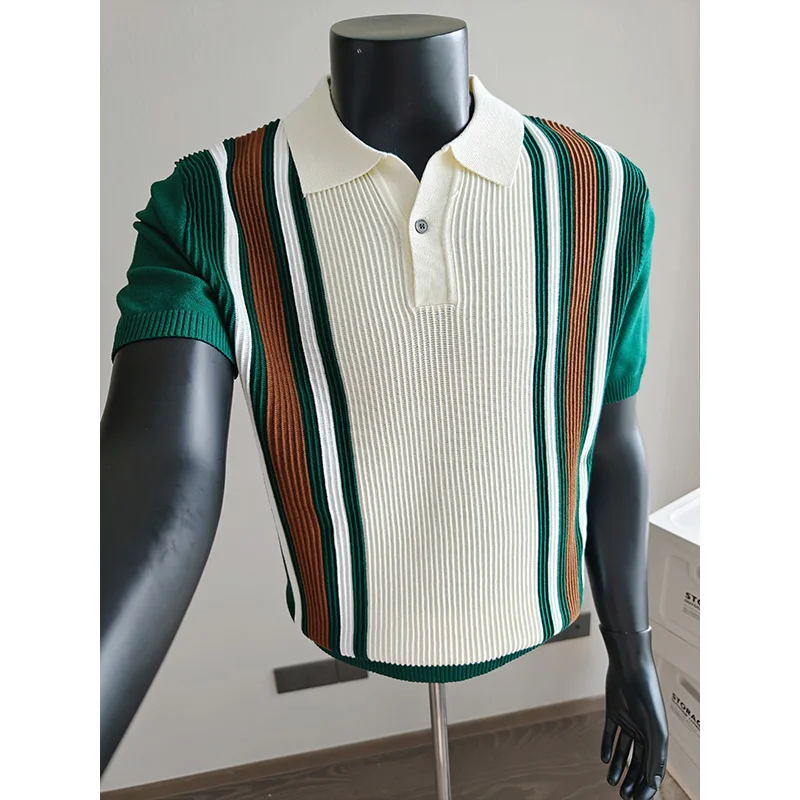 2026 Ice Silk Knitted Short Sleeved Polo Shirt Men Fashion Striped Casual Business Tshirts Color Blocking Social Streetwear Tee