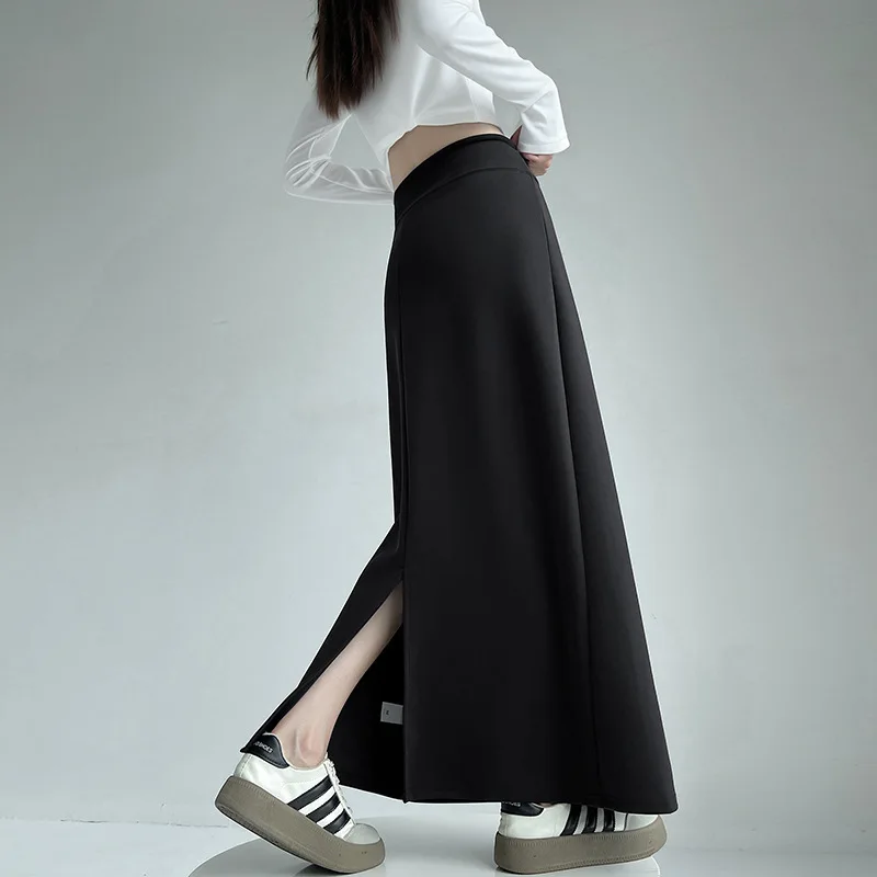 

Grey Sports Skirt Women's Spring and Autumn New High-waisted Straight Slit A-line Skirt Draped Sweat Skirt Long