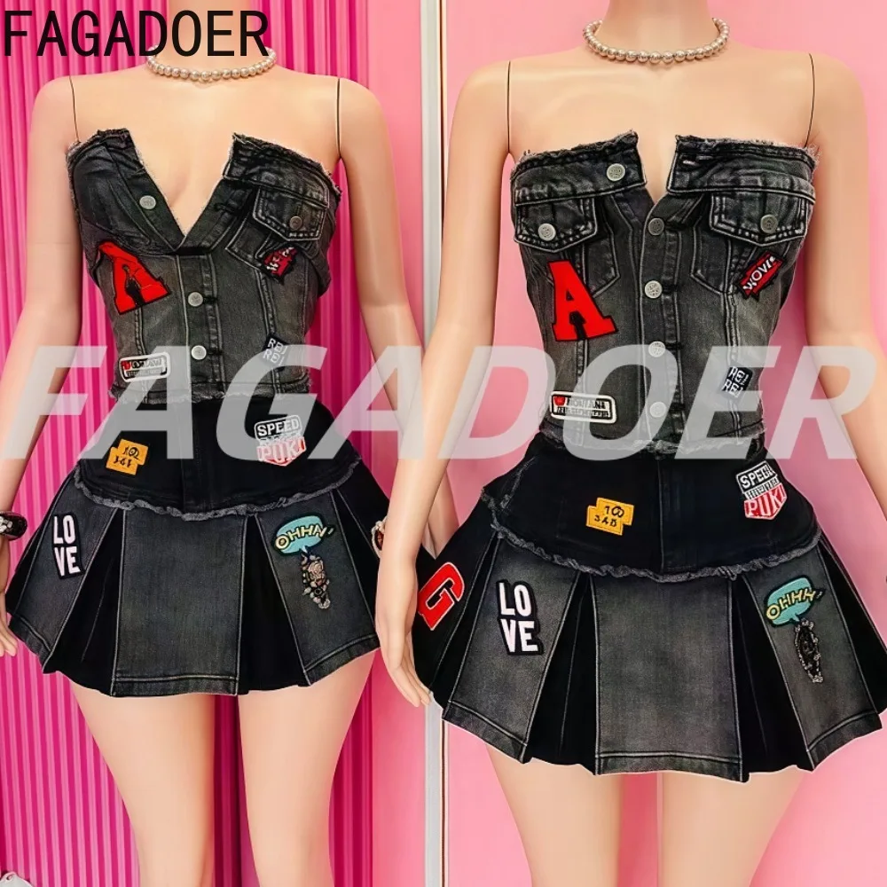 

FAGADOER Fashion Embroidery 2 Pieces Set for Woman Sleeveless Backless Crop Top and Bubble Puff Skirt Outfit Female Streetwear