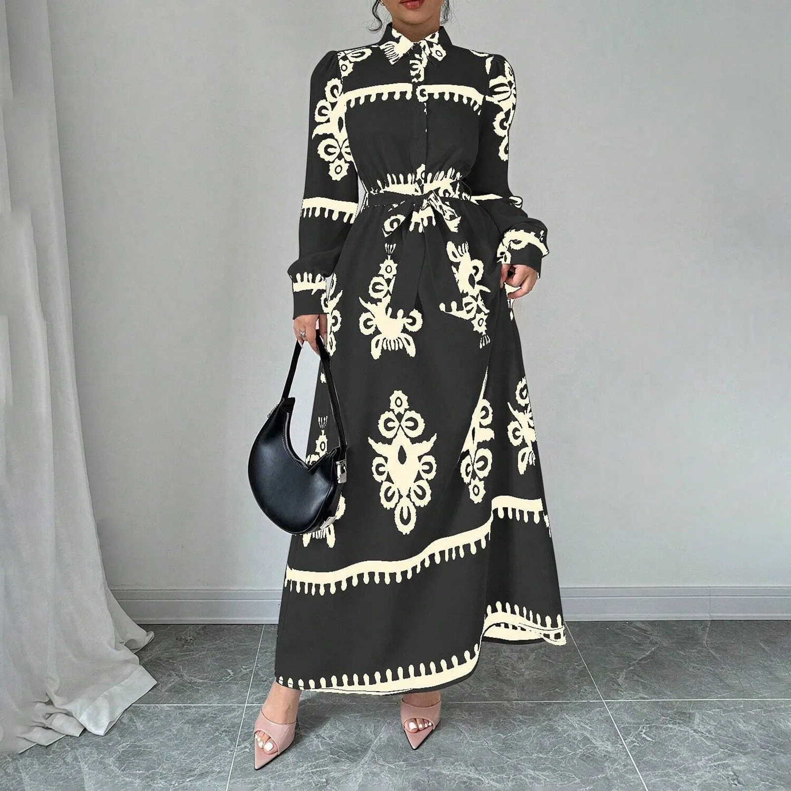 Damska sukienka z długim rękawem, z klapami, zapinana na guziki, obcisła, seksowna, na imprezę do klubu nocnego, z paskiem, w stylu bohemy, letnia sukienka damska, sukienka w kwiaty.