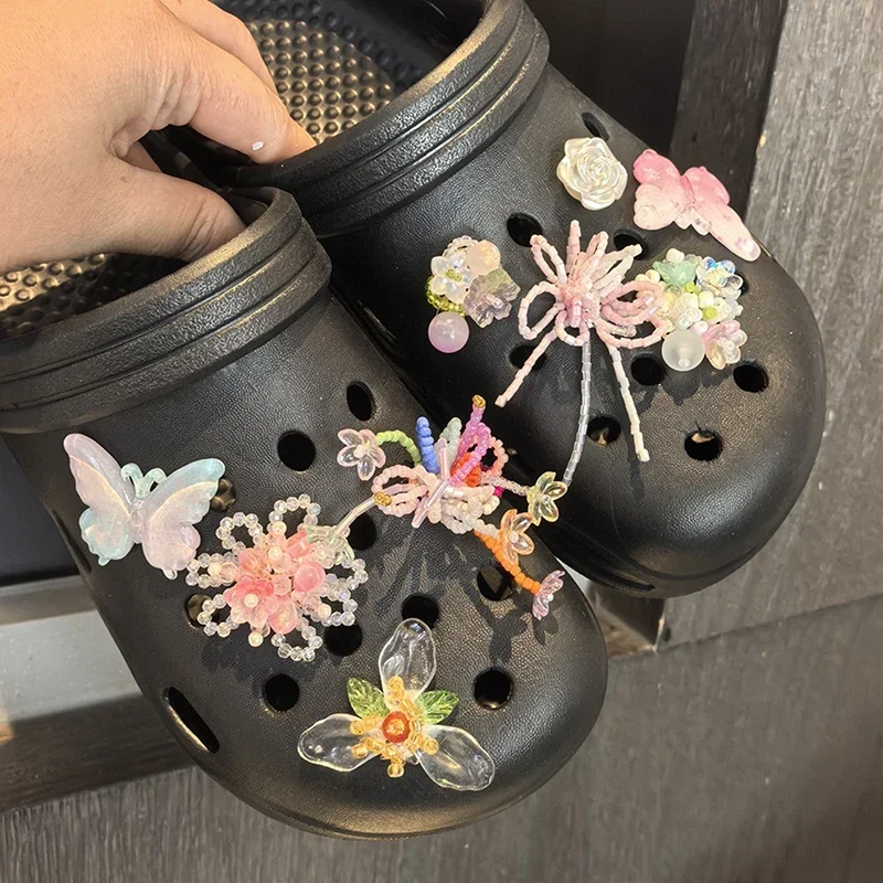 Dopamina pérola borboleta frisado geléia sapatos sandálias acessório diy sapato decorativo flor chinelos sapato fivela acessórios