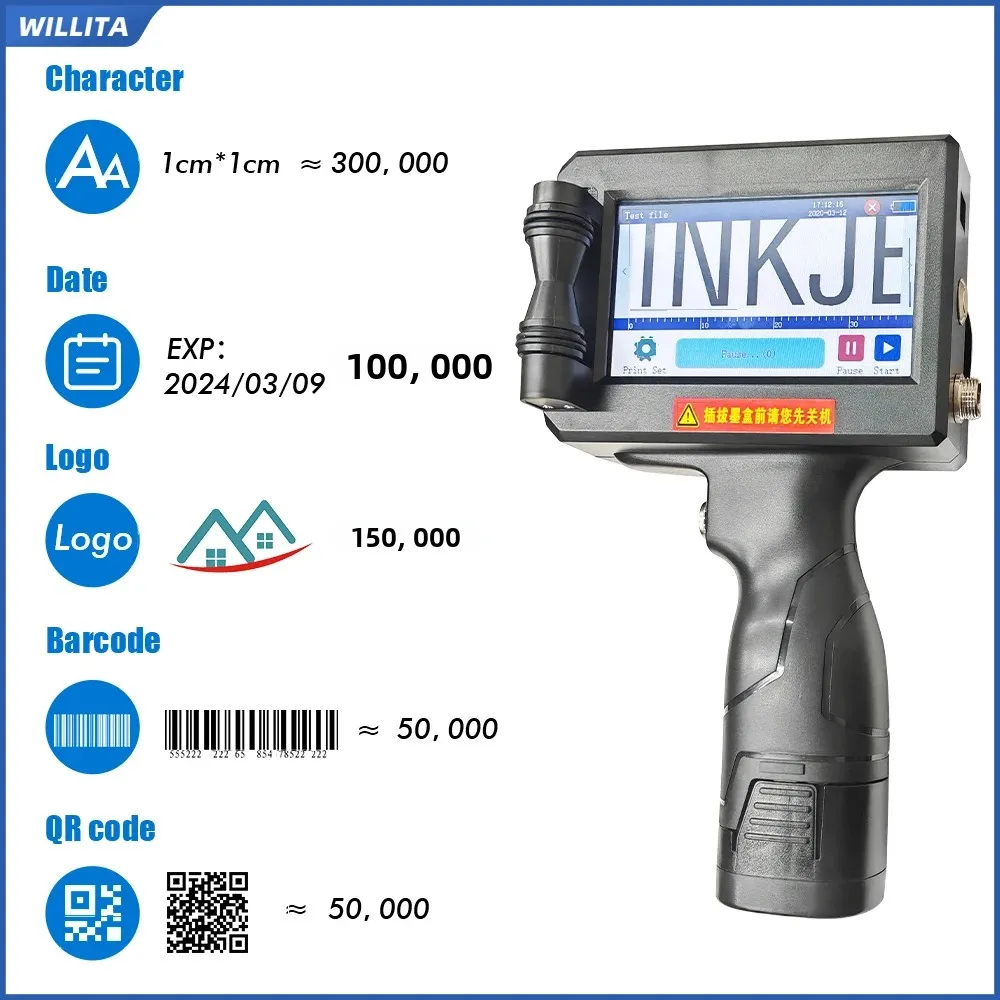 WILLITA WK800 Draagbare Handheld Inkjetprinter Datum Batchnummer Logo Afbeelding Tekst Barcode QR-code 12,7 mm Inkjet Codeermachine