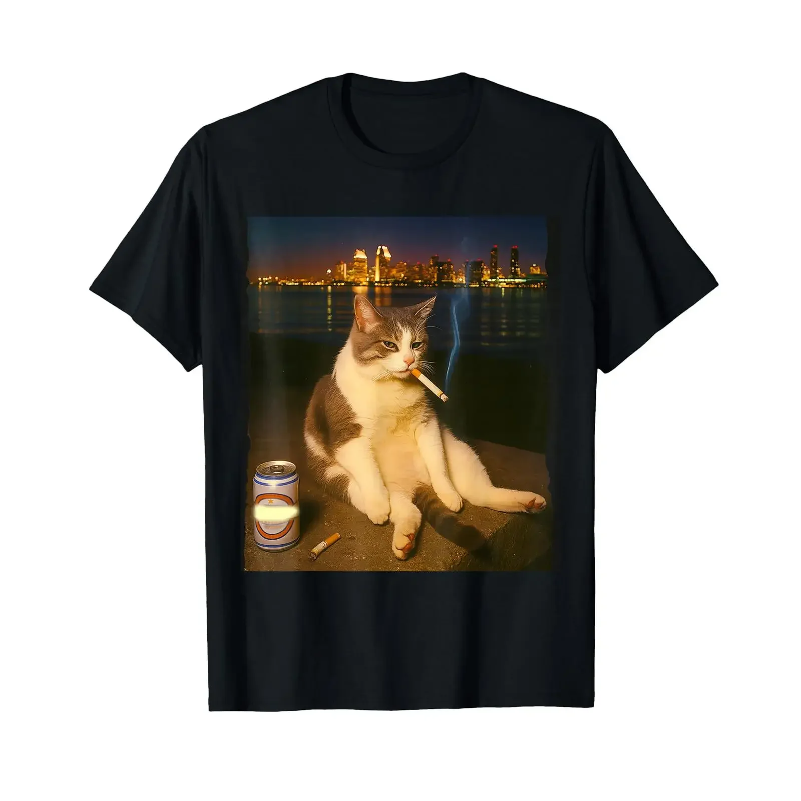 Cigarette Funny Kitten Stupid Brain Red Tuxedo Cat Meme T Shirt vintage Washed Slightly fashion graphic Top For Everyday Wear