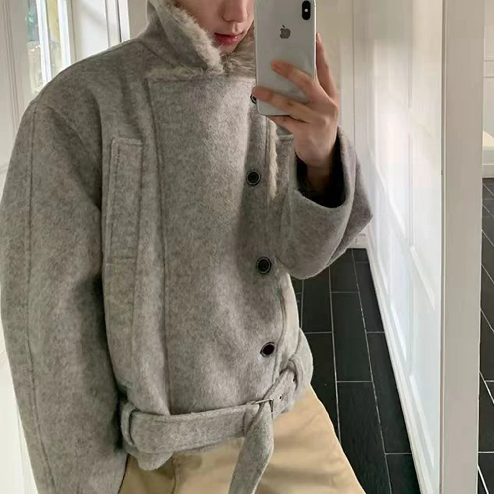 

Зимняя мужская однотонная двубортная куртка на хлопковой подкладке в американском стиле ретро, модный простой свободный повседневный нишевый мужской топ